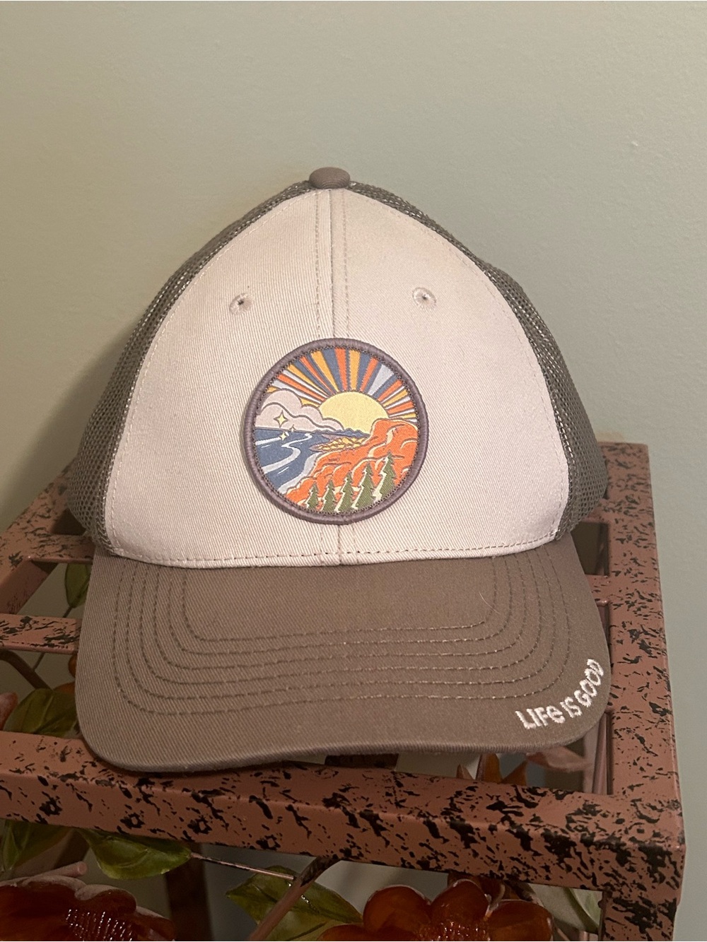 Life is Good Canyon Scene Trucker Hat Snapback Mesh Cap Brown White Landscape